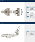 Front and top view of Two Pack Full Overlay 165 Degree Bi Fold Door Soft Closing Concealed Hinge For Face Frame Cabinets Lazy Susan Compatible Built Tough Heavy Duty Steel Construction With Nickel Finish And Easy Mounting Hardware Amerock, showing dimensions and design.