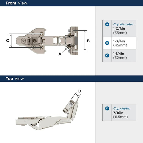 Front and top view of Two Pack Full Overlay 165 Degree Bi Fold Door Soft Closing Concealed Hinge For Face Frame Cabinets Lazy Susan Compatible Built Tough Heavy Duty Steel Construction With Nickel Finish And Easy Mounting Hardware Amerock, showing dimensions and design.