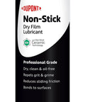 Front view of a 14 oz Nonstick Dry Film Lubricant Aerosol for tight tolerance metal on metal parts, black bottle.
