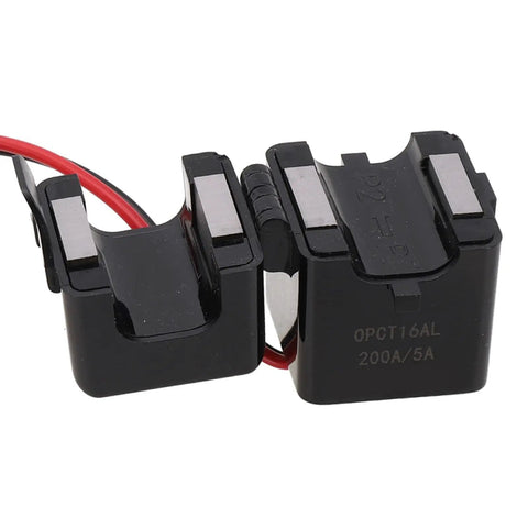 Slick Split Core Current Transformer Clamp Sensor With 50A To 200A Rating And 5A Output, black clamp with red wires.