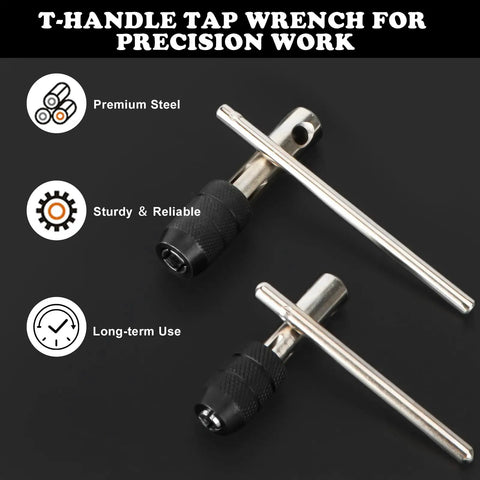 All In One 10 Piece Metric Tap Set With 2 T Handle Wrench, M3 To M12 Thread Taps, showing two steel T-handle wrenches