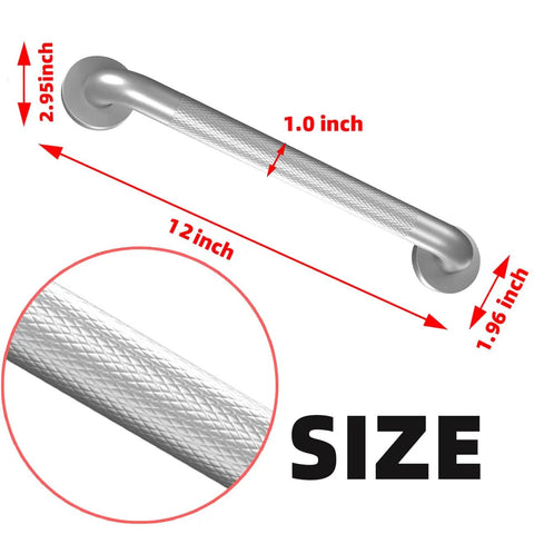 Heavy Duty Metal Stair Handrail Built Like A Tank For Wall Mounted Safety Grab Bar And Step Support No Sweat Install Up To 300 Pound Rust Resistant Powder Coat Finish showing dimensions of 12 inch length, 2.95 inch height, and 1 inch diameter.