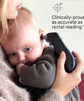 Digital Ear Thermometer For Adults And Infants With Preheated Tip Infrared Reading ExactTemp Beep For Proper Positioning Fast Accurate Temperature Readings Pediatrician Recommended Kid Friendly, mother using black ear thermometer on infant