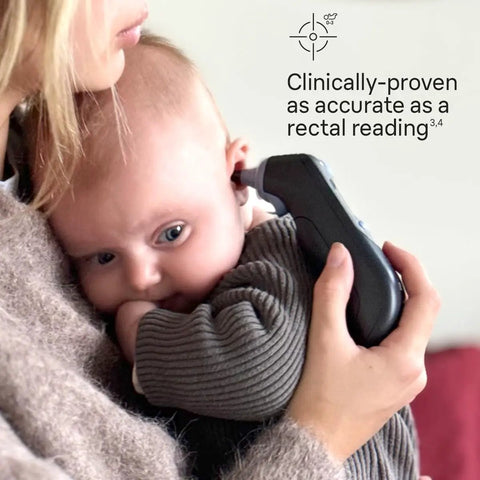 Digital Ear Thermometer For Adults And Infants With Preheated Tip Infrared Reading ExactTemp Beep For Proper Positioning Fast Accurate Temperature Readings Pediatrician Recommended Kid Friendly, mother using black ear thermometer on infant