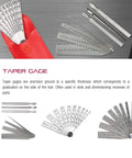 Taper Gauge With Spring Tempered Steel For Fast Hole And Slot Sizing One Sixteenth To One And One Sixteenth Inch Range One Sixty Fourth Inch Graduation Five And A Quarter Inch Length Four Leaves Precision Measurement Tool displayed with various leaf configurations.