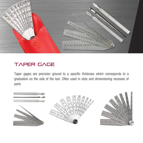 Taper Gauge With Spring Tempered Steel For Fast Hole And Slot Sizing One Sixteenth To One And One Sixteenth Inch Range One Sixty Fourth Inch Graduation Five And A Quarter Inch Length Four Leaves Precision Measurement Tool displayed with various leaf configurations.