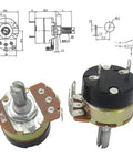 Five Pack 5K Ohm Rotary Potentiometer With Switch showing single turn adjustable resistance regulator with alloy knob, wiring pins visible.