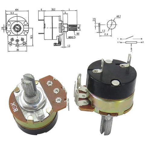 Five Pack 5K Ohm Rotary Potentiometer With Switch showing single turn adjustable resistance regulator with alloy knob, wiring pins visible.