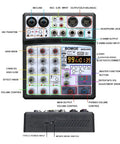 Front view of ultra portable four channel audio mixer for recording and live streaming with USB Bluetooth 48V phantom power.