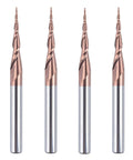 Four SpeTool tapered ball-nose end mills with copper tips and silver shanks for CNC engraving