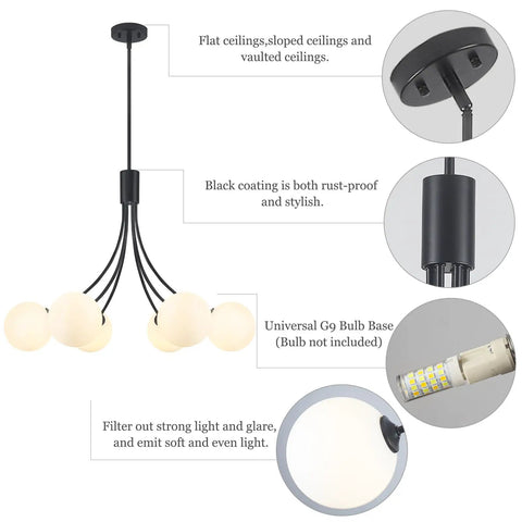 Diagram of pendant light features black coating, G9 bulb base, and glare filtration ideal for various ceiling types.