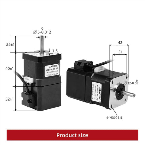 Front and side views of two Hanpose 42HS40-YC-PD brake stepper motors (NEMA17), 12V, 40 Ncm, 4-lead