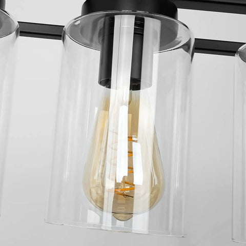 Close-up of the Black Farmhouse Style 5-Light Rectangle Chandelier With Glass Shades showcasing clear glass and bulb detail.