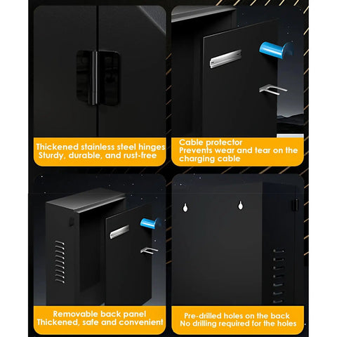 Premium EV Charger Cover Outdoor Lock Box With Tempered Viewing Panel And Ventilated Side Doors To Shield Your Rig From Elements Plus Plug N Play Ready For Standard Home Stations 20X10X35 features stainless steel hinges and cable protection.