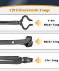 V Bit Blade Tongs Set for Knife Making And Bladesmithing, showing V-Bit, Blade, and Flat Forge Tongs, heavy duty steel 3-piece kit