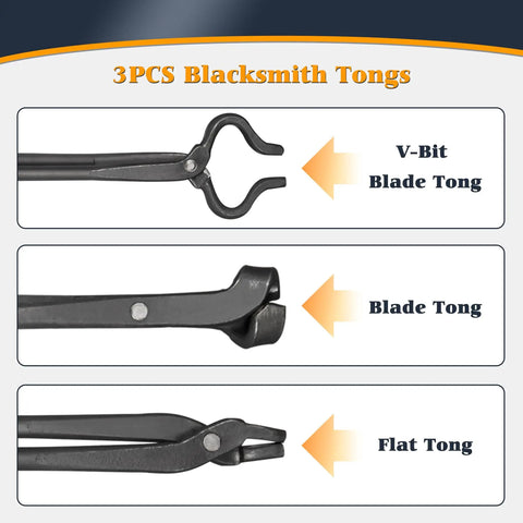 V Bit Blade Tongs Set for Knife Making And Bladesmithing, showing V-Bit, Blade, and Flat Forge Tongs, heavy duty steel 3-piece kit