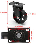 Beefy Heavy Duty 4 Inch Swivel Plate Caster Set Of 4 With Brakes, Rust Resistant Cast Iron Casters for Wood Furniture, size details shown.