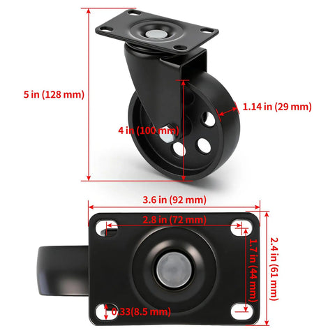 Beefy Heavy Duty 4 Inch Swivel Plate Caster Set Of 4 With Brakes, Rust Resistant Cast Iron Casters for Wood Furniture, size details shown.