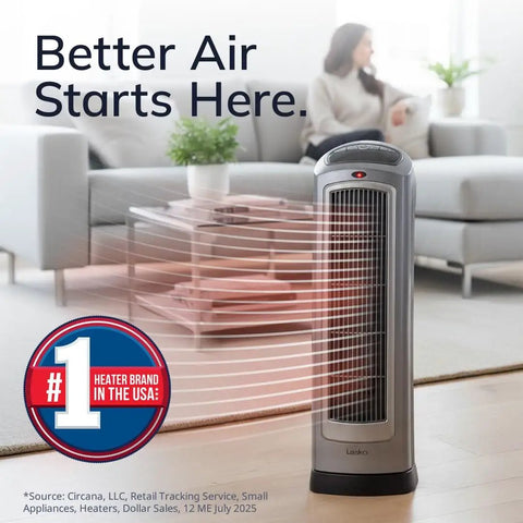 Oscillating Digital Ceramic Tower Space Heater for Home or Office with Remote and Adjustable Thermostat, 1500W Silver Finish