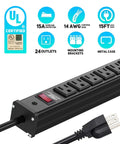 Heavy Duty 24 Outlet Power Strip With 15 Foot Long Cord, Metal Housing, Mounting Brackets, 15A Circuit Breaker, UL 1363 Listed