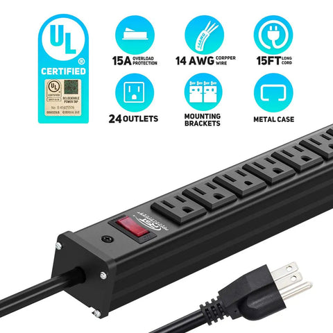 Heavy Duty 24 Outlet Power Strip With 15 Foot Long Cord, Metal Housing, Mounting Brackets, 15A Circuit Breaker, UL 1363 Listed