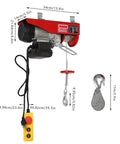 Huge 1763 Lbs Max Load Mini Electric Hoist Winch With Emergency Stop And 2 Heavy Duty Straps For Overhead Towing Garage Lifting Jobs That Are Totally Awesome, showing dimensions and hook.