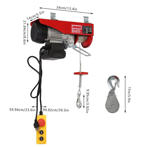 Huge 1763 Lbs Max Load Mini Electric Hoist Winch With Emergency Stop And 2 Heavy Duty Straps For Overhead Towing Garage Lifting Jobs That Are Totally Awesome, showing dimensions and hook.