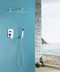 10 Inch Chrome Shower System With Rain Shower Head And High Pressure Handheld Wall Mounted Faucet shown in modern bathroom