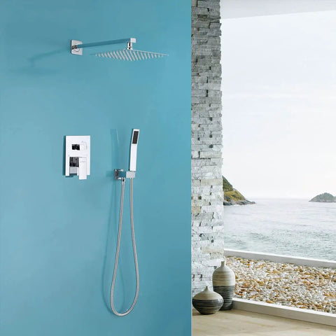 10 Inch Chrome Shower System With Rain Shower Head And High Pressure Handheld Wall Mounted Faucet shown in modern bathroom