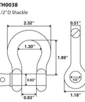 Diagram of 2 Ton D Ring Bow Shackle With Screw Pin Clevis Half Inch Pin Forged Steel Hot Dip Galvanized Finish WLL 2 Tons