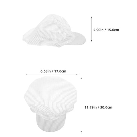 Kickass White Anti Static Mesh Working Hat With Super Breathable Ventilation Dustproof Protective Safety Cap For Food Pharma Electronics Jobs And Real Deal Shop Grinds, shown from top and side views with measurements.