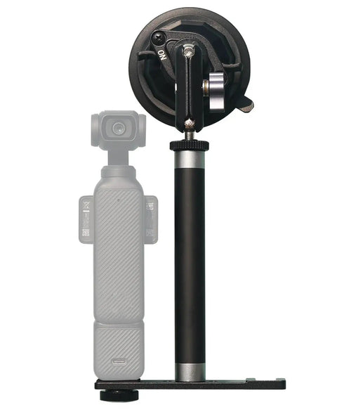 Go Anywhere Camera Extension Rod Mount One Quarter Inch Thread For Dash Cams And Action Gear Lightweight Aluminum Build Lock Down Male Female Adapter Five Point Nine Inches Long with mount and camera side view.