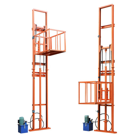 Top Grade 1 Ton Heavy Duty Electric Hydraulic Freight Elevator Wall Mounted Cargo Lift Platform view with orange frame and motor.