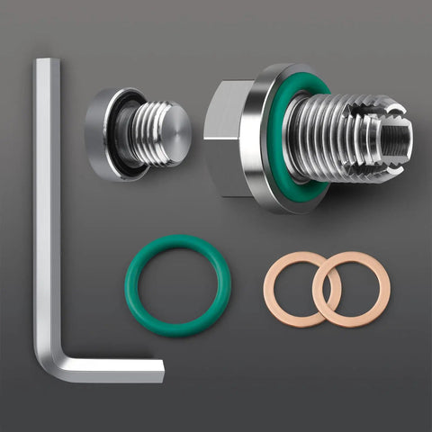 Oversize Piggyback Oil Drain Plug M12.1 X 1.75 X 15mm Stainless Self Tapping Thread Repair Kit components with O-rings and tool.