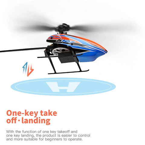 4 Channel RC Helicopter K127 With 6 Axis Gyro showing side view with one key take off and landing feature highlighted, hover function