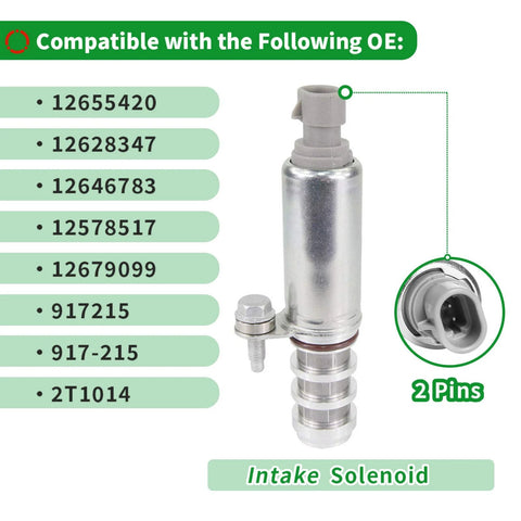 Intake And Exhaust Camshaft Position Actuator Solenoid Valve VVT Oil Control Kit compatible with GM part numbers, intake view.