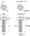 Diagram showing dimensions of Premium Dope Titanium Button Head Bolts M6x30mm Pack Of 6 Grade 5 6AL 4V Black Titanium Alloy.
