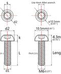 Grade 5 Titanium M6 X 12 mm Button Head Socket Cap Screws Sick Burnt Blue Anodized heavy duty dimension diagram with measurements