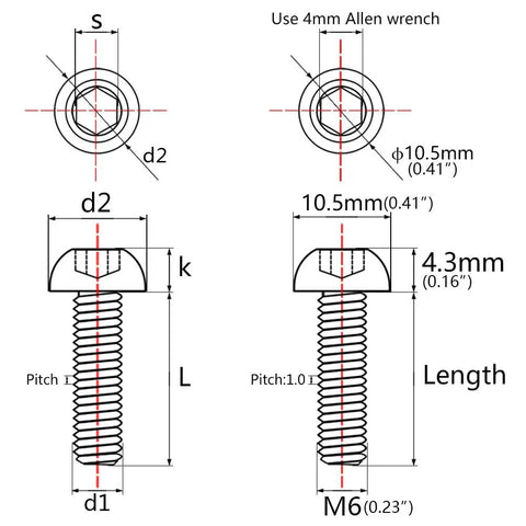Grade 5 Titanium M6 X 12 mm Button Head Socket Cap Screws Sick Burnt Blue Anodized heavy duty dimension diagram with measurements