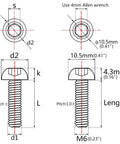 Technical diagram of Rainbow Titanium Button Head Bolts M6x20mm Six Pack Made From 6Al4V Grade 5 Titanium Alloy With 1mm Thread Pitch And 4mm Allen Key For High Strength Durable Assembly.
