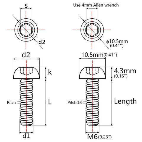 Technical diagram of Rainbow Titanium Button Head Bolts M6x20mm Six Pack Made From 6Al4V Grade 5 Titanium Alloy With 1mm Thread Pitch And 4mm Allen Key For High Strength Durable Assembly.