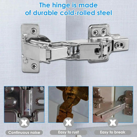 4 Pack 180 Degree Cabinet Hinges, Adjustable Mounting, Soft Close, Hydraulic Buffer, Heavy Duty Cabinet Hardware Made From Cold Rolled Steel, Rust Resistant, Easy Install displayed on white background with text highlighting features