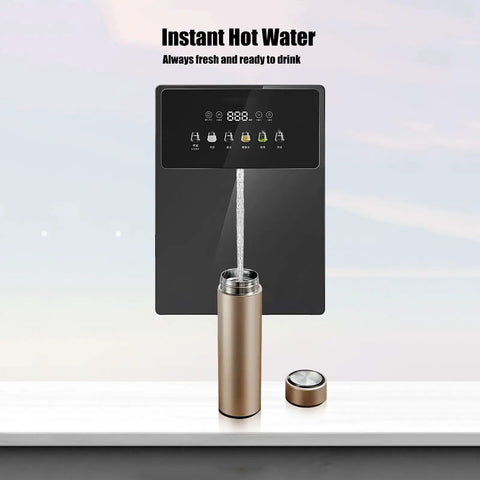 Wall Mounted Instant Hot Water Dispenser With Led Touchscreen And Child Lock dispensing water into a thermos.