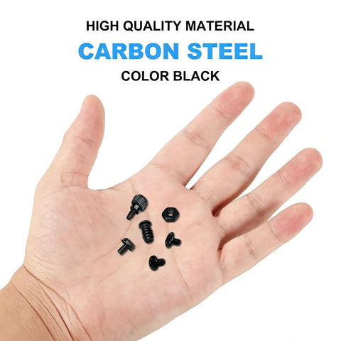 Slick Desktop PC Assembly Screwdriver Kit With Motherboard Mounting Screws; black carbon steel screws in hand for DIY rig builds.