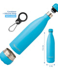 Blue stainless steel dual chamber water bottle with hidden storage stash compartment, insulated and leak-proof, 17oz with carabiner.