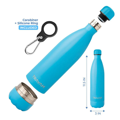 Blue stainless steel dual chamber water bottle with hidden storage stash compartment, insulated and leak-proof, 17oz with carabiner.