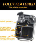 Universal Vehicle Console Organizer With Two Adjustable Cup Holders, Black, shown with compartments and charging slots.
