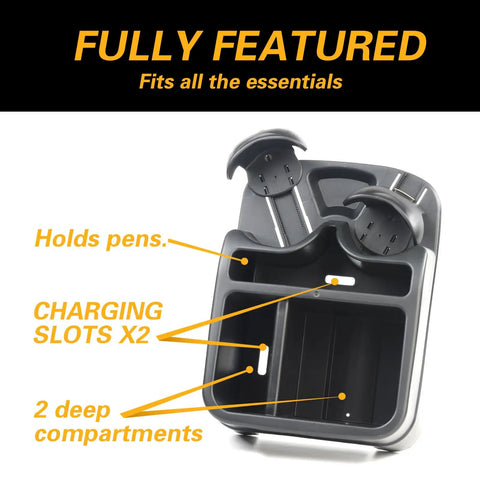 Universal Vehicle Console Organizer With Two Adjustable Cup Holders, Black, shown with compartments and charging slots.