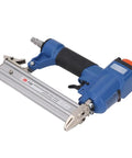 Boss Grade 18 Gauge Pneumatic Brad Nailer Air Powered Nail Gun Featuring An Ergonomic Soft Grip Handle For Carpentry And Upholstery Jobs Providing Rock Solid Accuracy At Four To Seven Bar Pressure, showing tool with blue body and rubber grip.