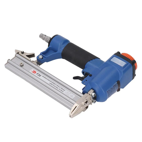 Professional Quality Pneumatic Brad Nailer With Grippy Soft Touch Handle, lightweight with blue and silver design for woodworking.
